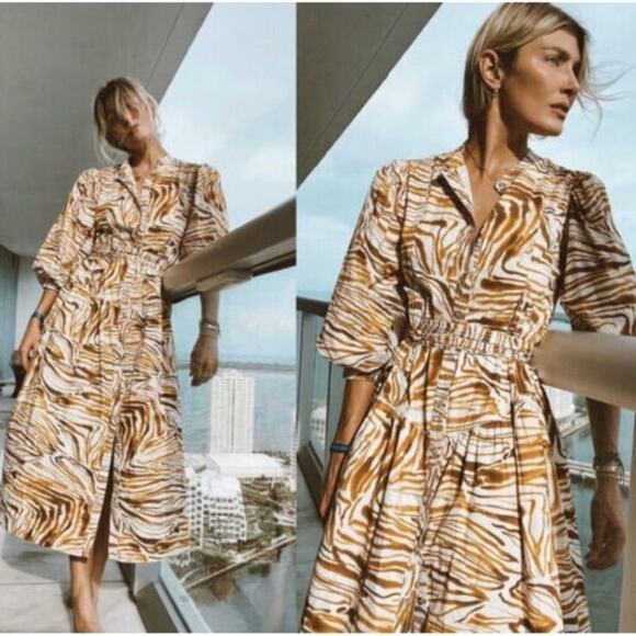 Anthropologie Love The Label Honey Puff Sleeve Swirl Midi Dress Zebra S NWT - Picture 4 of 15